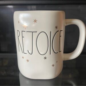 Rae Dunn Cream Mug with Gold Stars and 'Rejoice' 20 OZ White